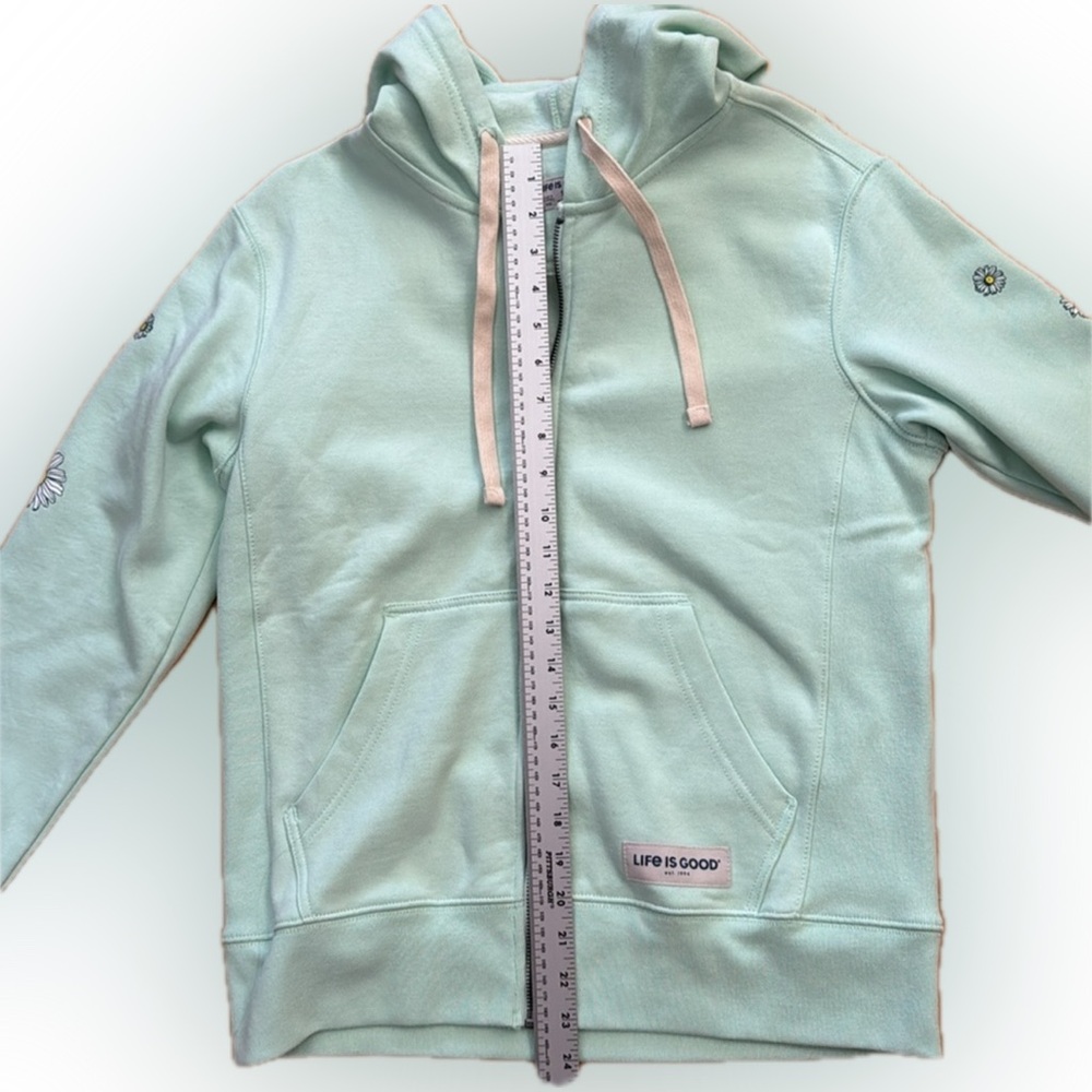 Life Is Good Mint Hoodie with Daisy 🌼 Sleeves & Pink Tag - Picture 2 of 9